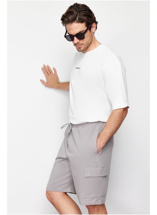 trendyol Gray Oversize/Wide-Fit Concealed Cord Elastic Waist Cargo Pocket Tag Shorts TMNSS24SR00018  - Image 3