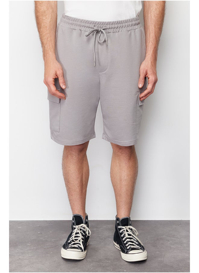 trendyol Gray Oversize/Wide-Fit Concealed Cord Elastic Waist Cargo Pocket Tag Shorts TMNSS24SR00018  - Image 4