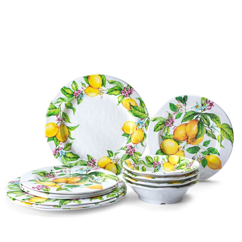 LEHAHA Lemon Melamine Dinnerware Dish Set  12 Piece Indoor and Outdoor Plates and Bowls Sets for Everyday Use Dishwasher Safe Unbreakable Kitchen Dinner Set Service for 4