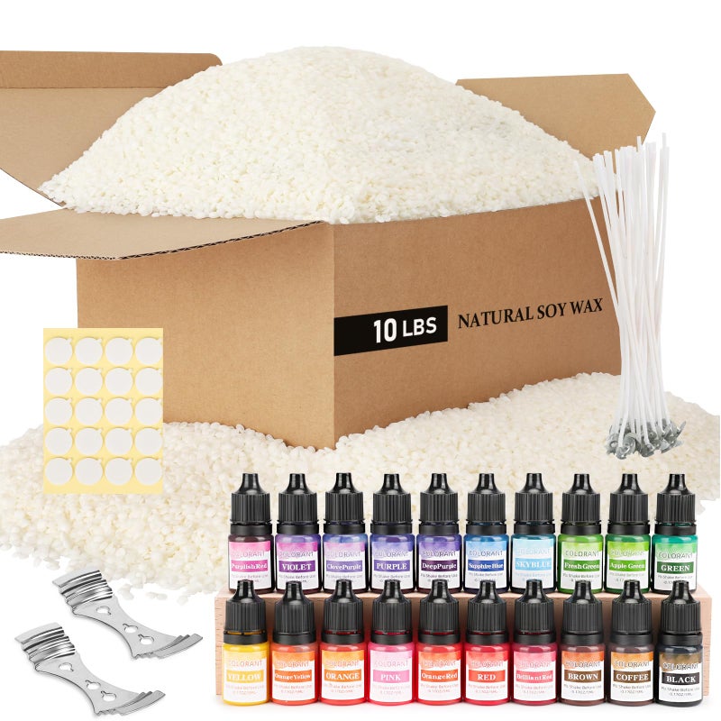 SAEUYVB Soy Wax for Candle Makingï¼Œ10 lbs Natural Soy Wax Pellets with 20 Color Liquid Dye, 20 Cotton Wicks,Complete Candle Making Supplies for Adults- Ideal for Home Decoration & DIY Gifts - Image 1