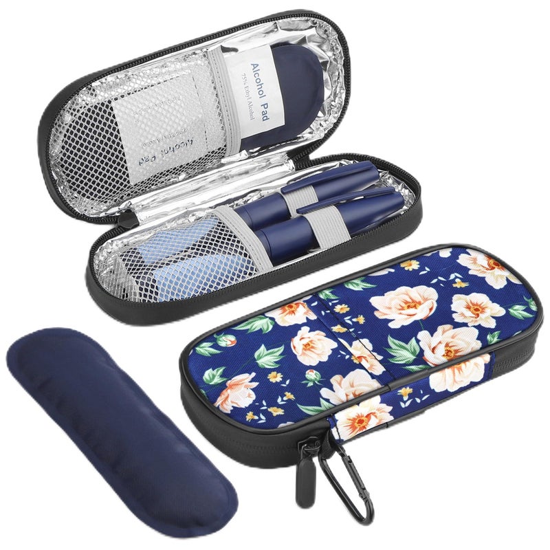 Gelozid Insulin Cooler Travel Case Diabetic Medication Insulated Cool Organizer with 2 Reusable Ice Packs for Insulin Pen and Other Diabetic Supplies for The Daily Life and Trip White Flower