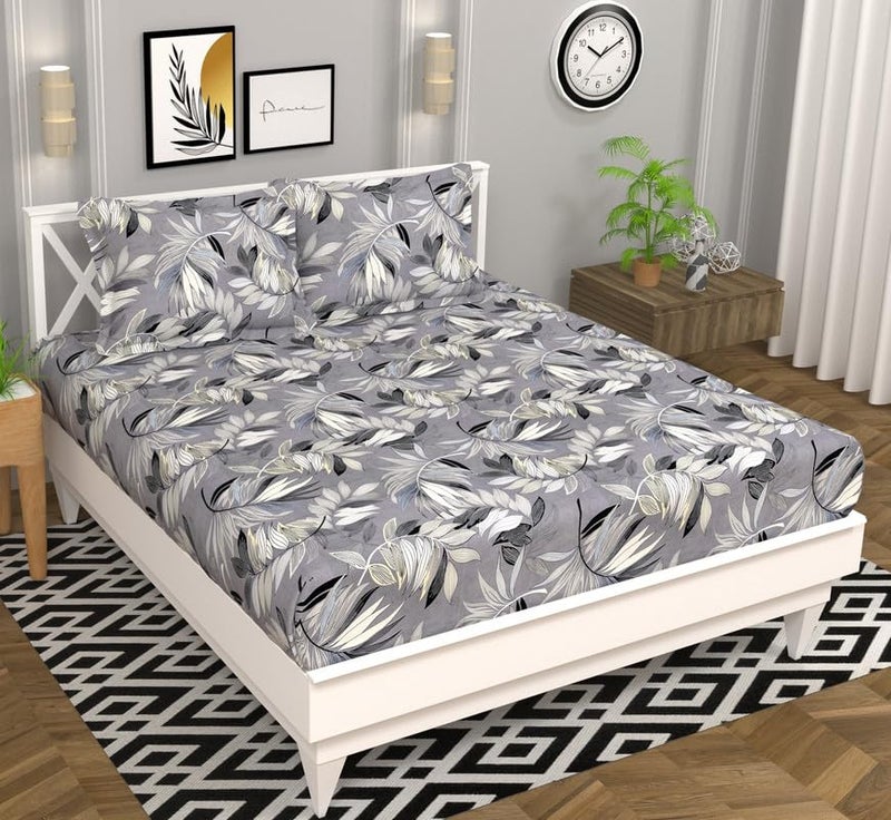 BSB HOME Premium Microfiber 160 TC Flat Double Bed Bedsheets for Summer Breathable | Wrinklefree (Size- 225 x 228 Cm) with 2 Pillow Covers (Size-17 X 27 Inches,Floral, Silver and Black) - Image 1