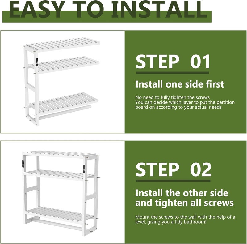 Galood Over The Toilet Storage Bathroom Shelves Wall Mounted 3 Tier Space Saver Corner Shelf Organizer Bamboo Towel Rack Toilet Paper Cabinet with Hanging Rod White - Image 5