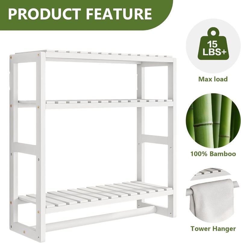 Galood Over The Toilet Storage Bathroom Shelves Wall Mounted 3 Tier Space Saver Corner Shelf Organizer Bamboo Towel Rack Toilet Paper Cabinet with Hanging Rod White - Image 4