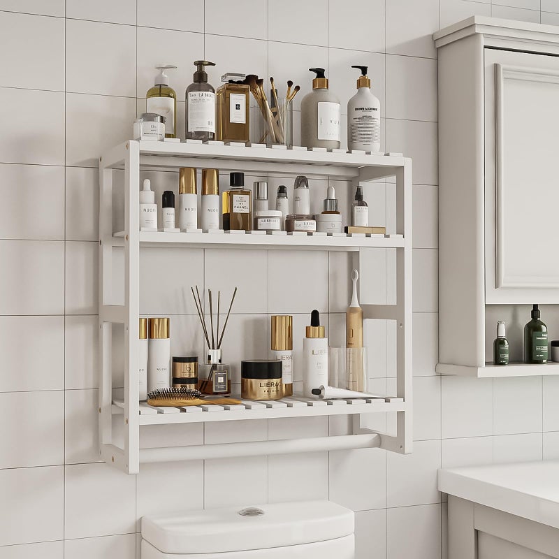 Galood Over The Toilet Storage Bathroom Shelves Wall Mounted 3 Tier Space Saver Corner Shelf Organizer Bamboo Towel Rack Toilet Paper Cabinet with Hanging Rod White - Image 3