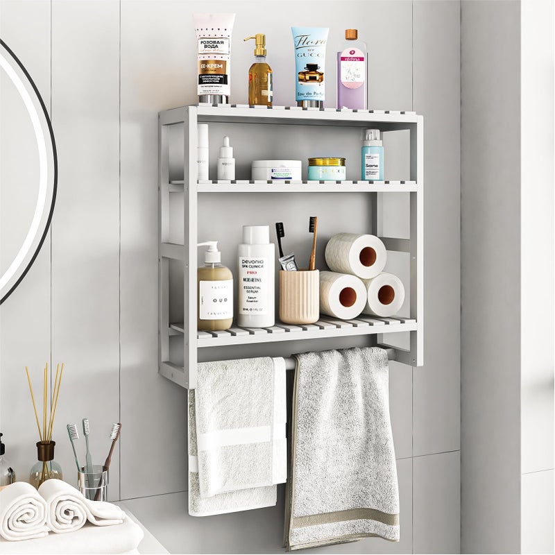 Galood Over The Toilet Storage Bathroom Shelves Wall Mounted 3 Tier Space Saver Corner Shelf Organizer Bamboo Towel Rack Toilet Paper Cabinet with Hanging Rod White - Image 2