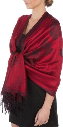 Sakkas Two Tone Floral Rose Reversible Pashmina Scarf Shawl Wrap Stole for Women - Red/Black - Image 1