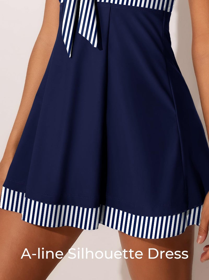 MiYang Women's One Piece High Waist Printing Swim Dress Padded Swimwear Blue Stripes X-Large - Image 5