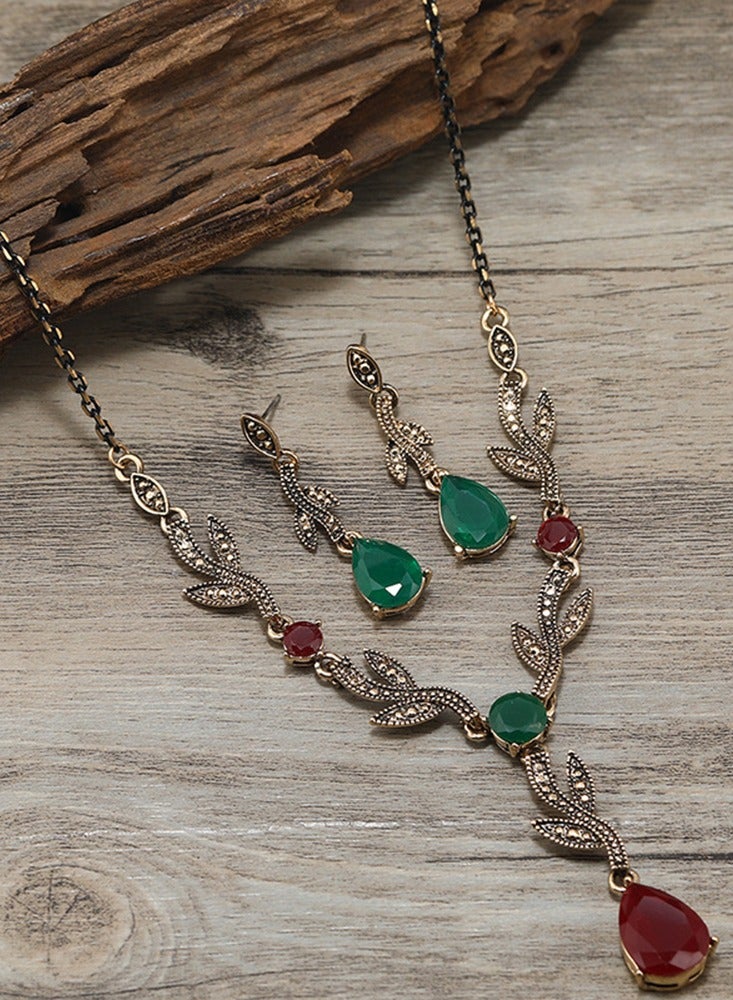 Vintage Women Rhinestone Beaded Luxury Jewelry Set Birthday Party Banquet Stylish Retro Red And Green Crystal Pendant Necklace And Earrings Kit For Girls  - Image 1