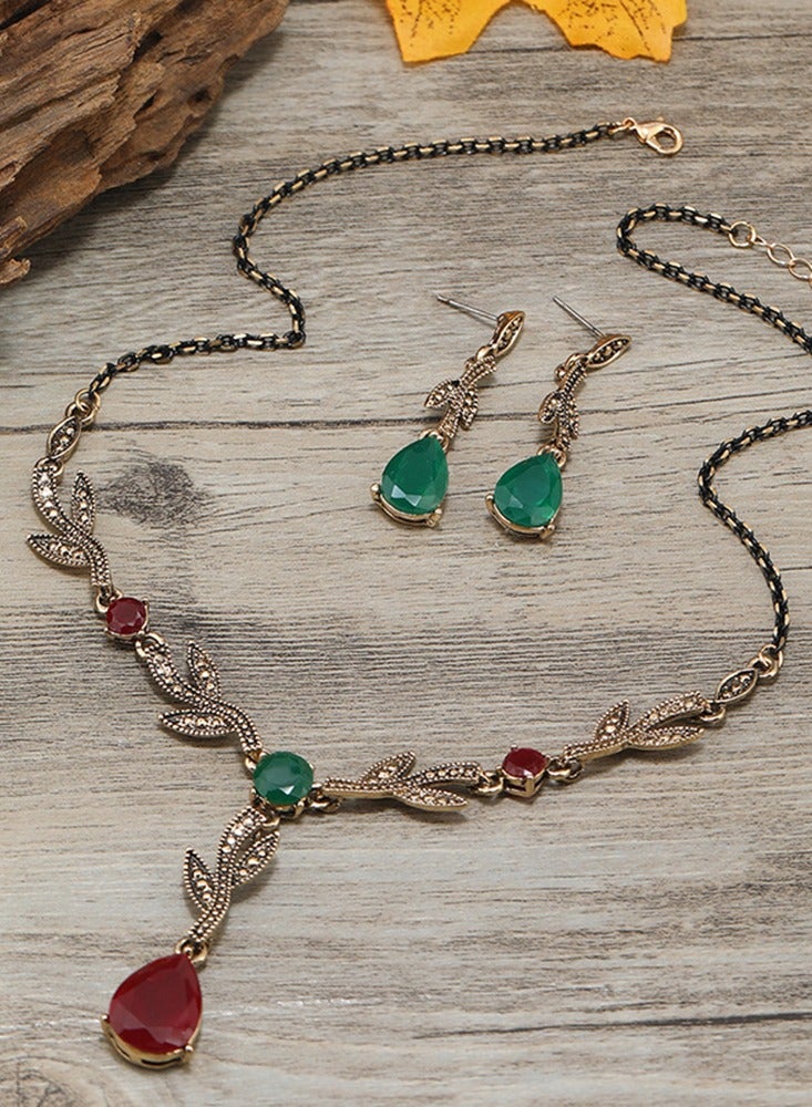 Vintage Women Rhinestone Beaded Luxury Jewelry Set Birthday Party Banquet Stylish Retro Red And Green Crystal Pendant Necklace And Earrings Kit For Girls  - Image 2