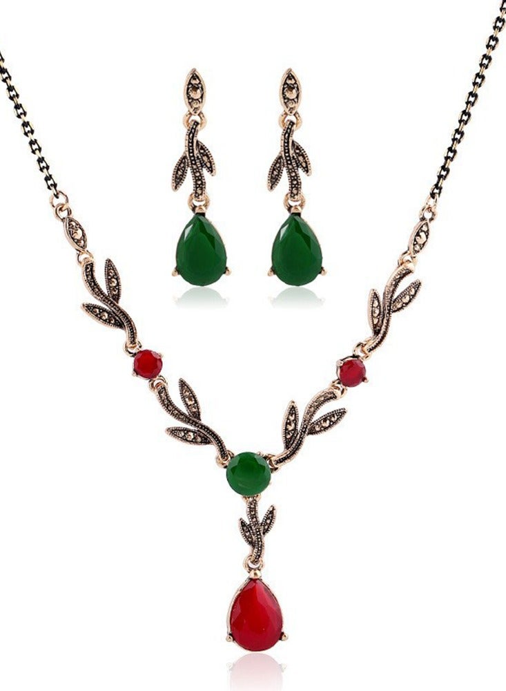 Vintage Women Rhinestone Beaded Luxury Jewelry Set Birthday Party Banquet Stylish Retro Red And Green Crystal Pendant Necklace And Earrings Kit For Girls  - Image 3