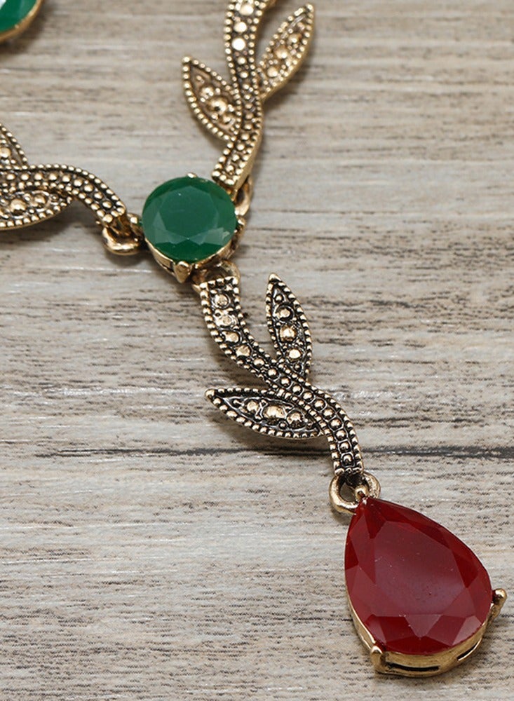 Vintage Women Rhinestone Beaded Luxury Jewelry Set Birthday Party Banquet Stylish Retro Red And Green Crystal Pendant Necklace And Earrings Kit For Girls  - Image 4