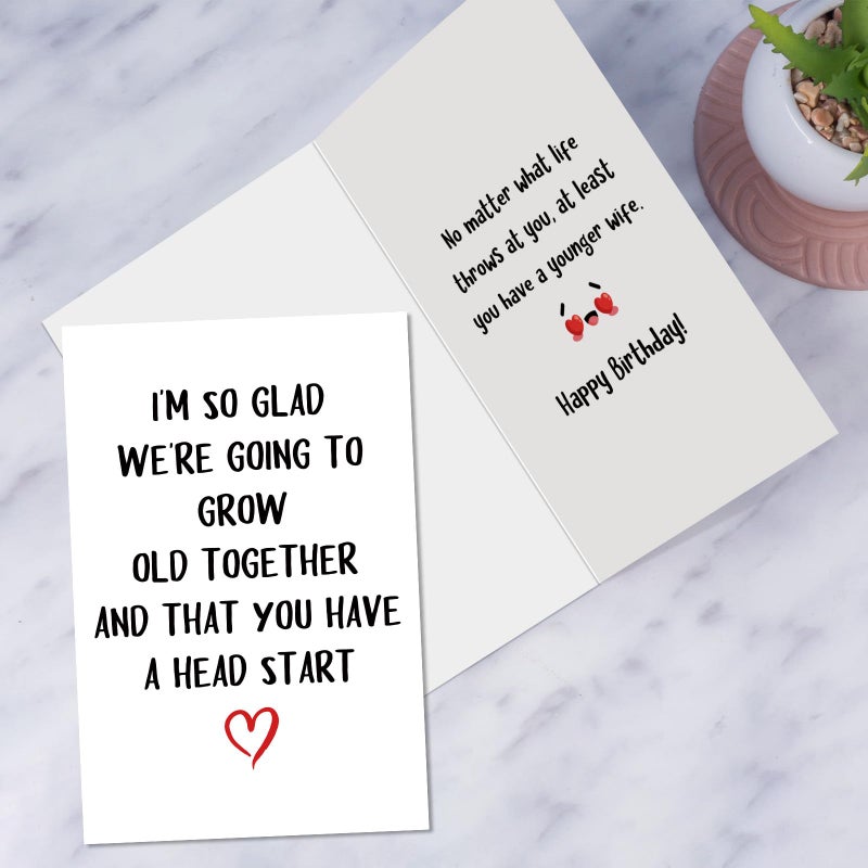 Obbyidk Funny Grow Old Birthday Card for Husband, Humor Older Husband Birthday Card from Wife, Going to Grow Old Together and That You Have A Head Start - Image 5