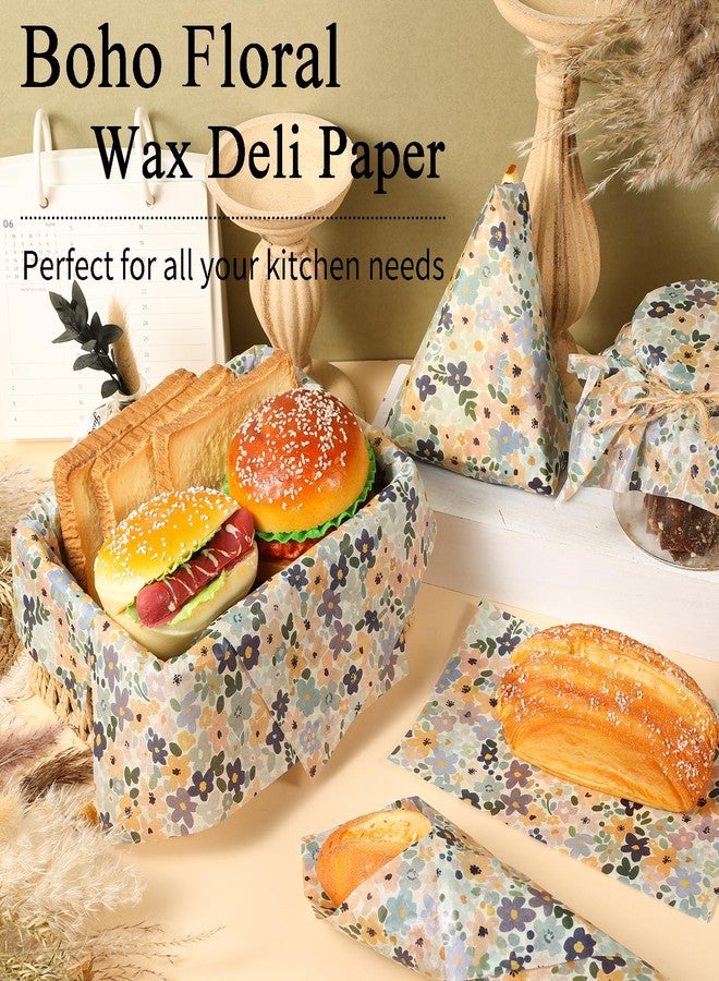 Fabllewavi 150 Sheets Boho Floral Wax Paper for Food Deli, 9.8 x 8.3 inch Watercolor Boho Floral Patterns Greaseproof Deli Sheets for Sandwich Picnic Basket Liner Irish Party Supplies - Image 3