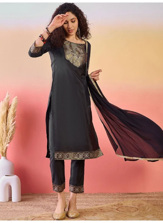 AKS Black Silk Kurta Set With Jacquard Yoke Details And Dupatta