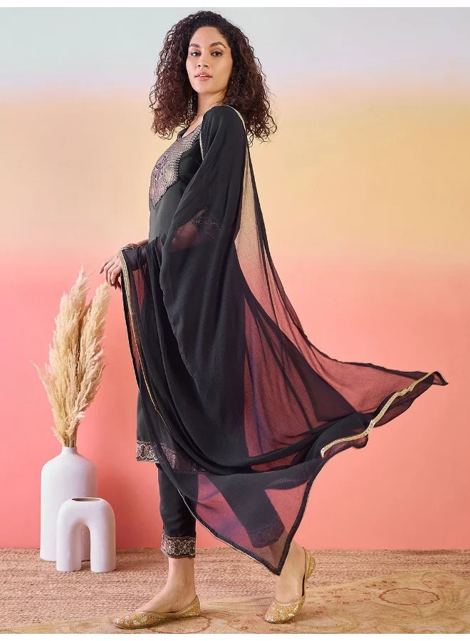 AKS Black Silk Kurta Set With Jacquard Yoke Details And Dupatta