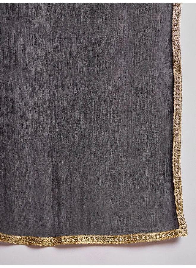 AKS Black Silk Kurta Set With Jacquard Yoke Details And Dupatta