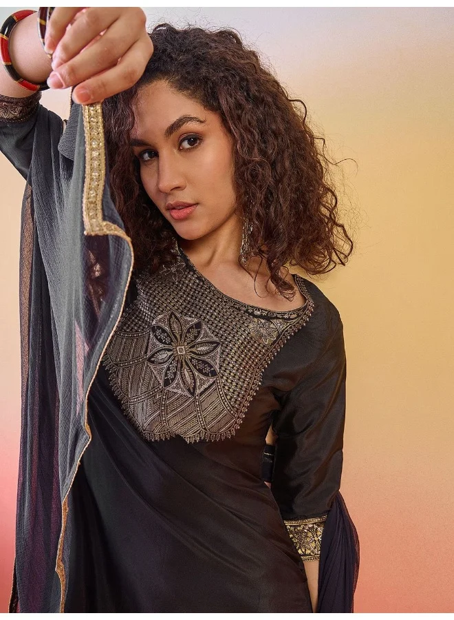 AKS Black Silk Kurta Set With Jacquard Yoke Details And Dupatta