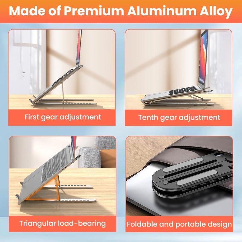 ELEPHANTBOAT Laptop Riser Stand, Ergonomic Adjustable Laptop Holder Desk Support with 10 Height Levels, Anti-Slip & Heat Dissipation Design, Folding Notebook Stand with for Desk & Office - Image 4