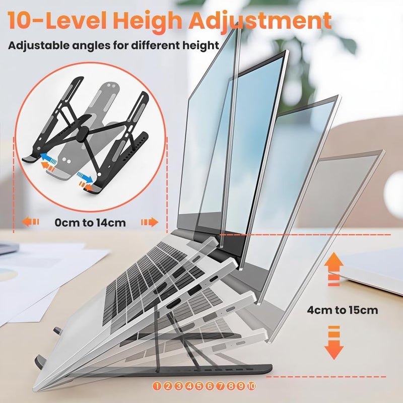 ELEPHANTBOAT Laptop Riser Stand, Ergonomic Adjustable Laptop Holder Desk Support with 10 Height Levels, Anti-Slip & Heat Dissipation Design, Folding Notebook Stand with for Desk & Office - Image 2