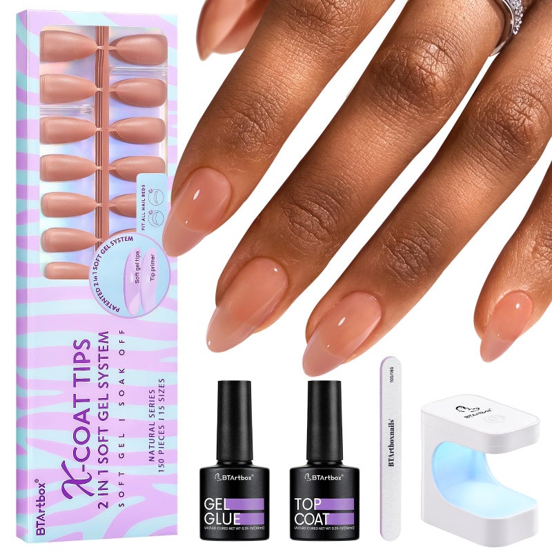 BTArtbox Almond Nail Tips - Brown Soft Gel Nail Kit with 150 pcs Medium Fake Nails, Gel Nail Glue, Top Coat, Nail Lamp, Pre-colored Press on Nails for Nail Art - Image 1