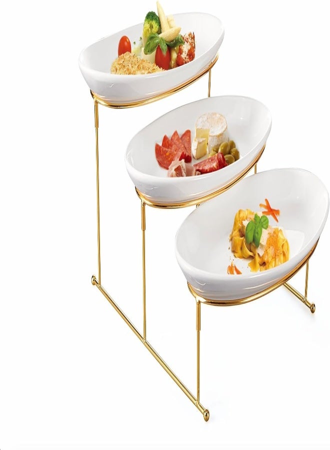 AKDC Orchid 3 Tier Oval Serving Set With Gold Stand, Fruit Bowl For Kitchen Counter, Ceramic Serving Bowls With Metal Rack, Tiered Fruit Basket For Fruit Vegetable Storage, Snack, Nuts, Cake (Dtc19342G) - Image 2