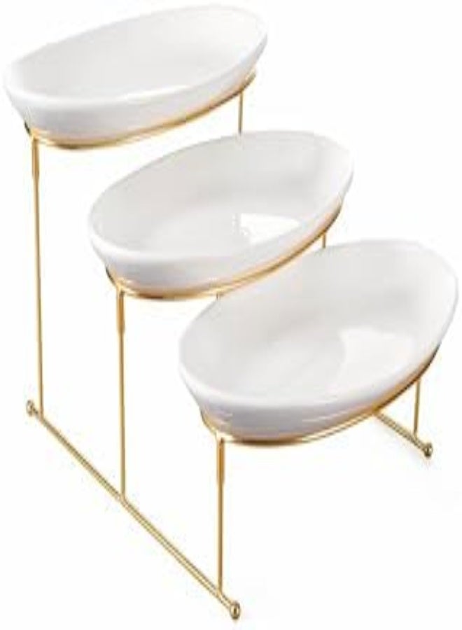 AKDC Orchid 3 Tier Oval Serving Set With Gold Stand, Fruit Bowl For Kitchen Counter, Ceramic Serving Bowls With Metal Rack, Tiered Fruit Basket For Fruit Vegetable Storage, Snack, Nuts, Cake (Dtc19342G) - Image 3