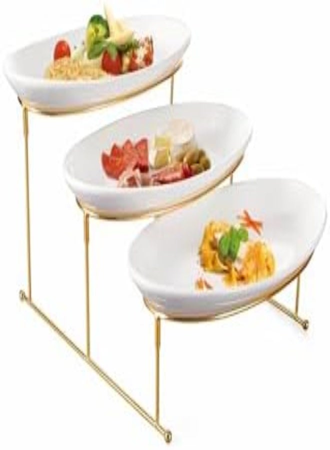 AKDC Orchid 3 Tier Oval Serving Set With Gold Stand, Fruit Bowl For Kitchen Counter, Ceramic Serving Bowls With Metal Rack, Tiered Fruit Basket For Fruit Vegetable Storage, Snack, Nuts, Cake (Dtc19342G) - Image 4