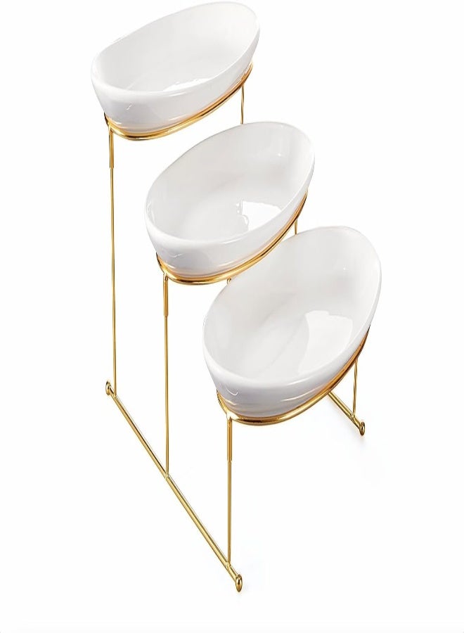 AKDC Orchid 3 Tier Oval Serving Set With Gold Stand, Fruit Bowl For Kitchen Counter, Ceramic Serving Bowls With Metal Rack, Tiered Fruit Basket For Fruit Vegetable Storage, Snack, Nuts, Cake (Dtc19342G) - Image 1