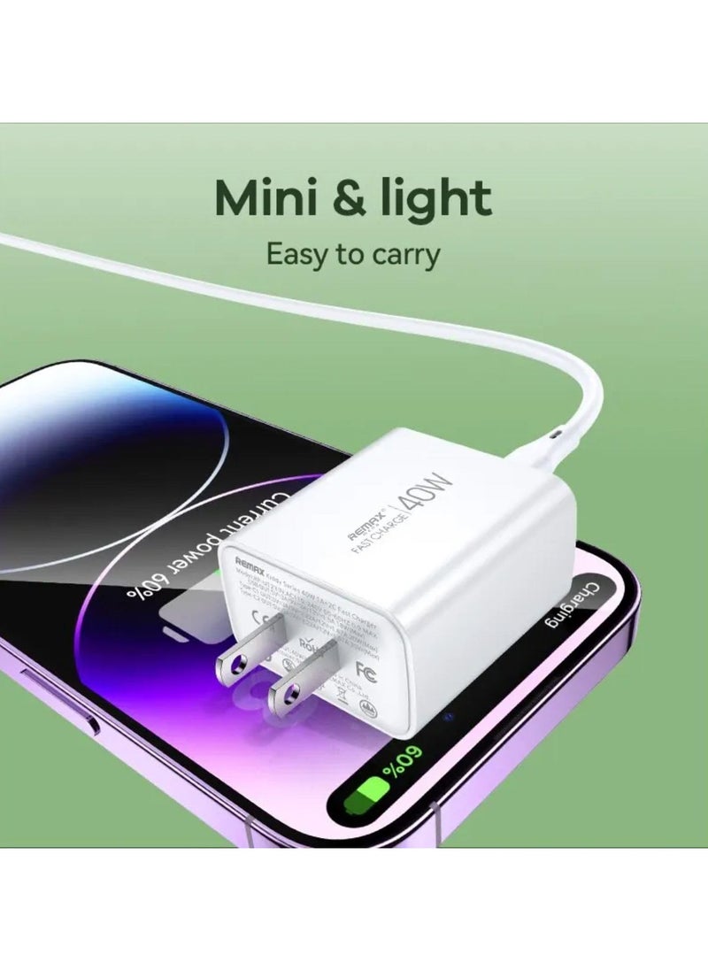 Remax Mena - 40W Charger Adapter (1A + 2C) Kiddy Series Charging Fater and Safer, PD 20W Fast Charge, Intelligent Adjustment, Security Chip, ABS-Ultrasonic, Charge 3 Devices at Same Time (White) - Image 1