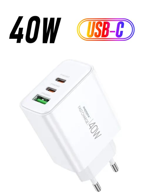 40W Charger Adapter (1A + 2C) Kiddy Series Charging Fater and Safer, PD 20W Fast Charge, Intelligent Adjustment, Security Chip, ABS-Ultrasonic, Charge 3 Devices at Same Time (White)