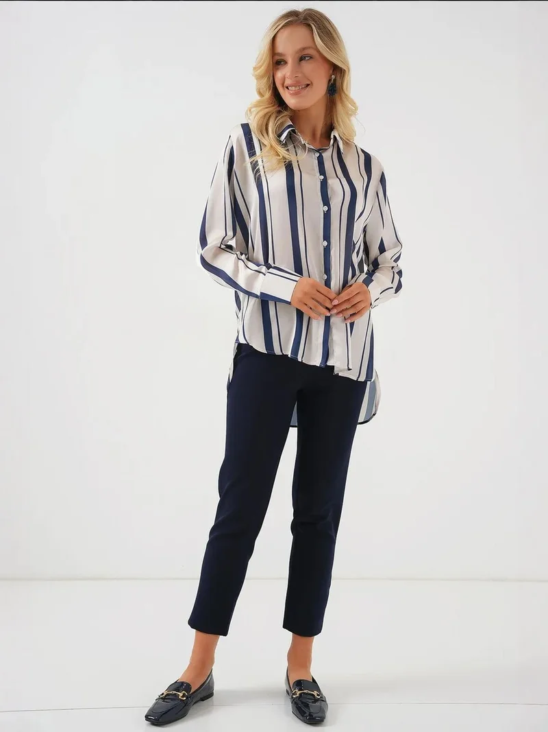 BIG DART BDART Striped Satin Long-Sleeve Shirt with Button Closure