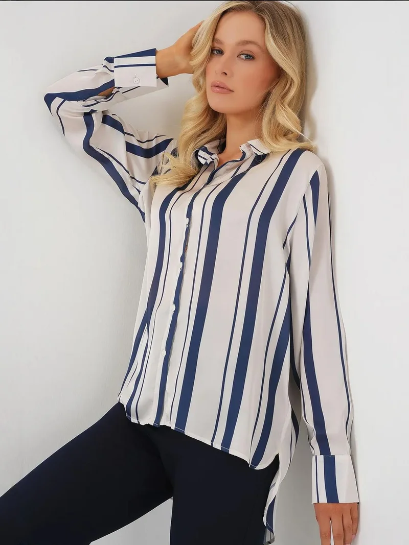 BIG DART BDART Striped Satin Long-Sleeve Shirt with Button Closure