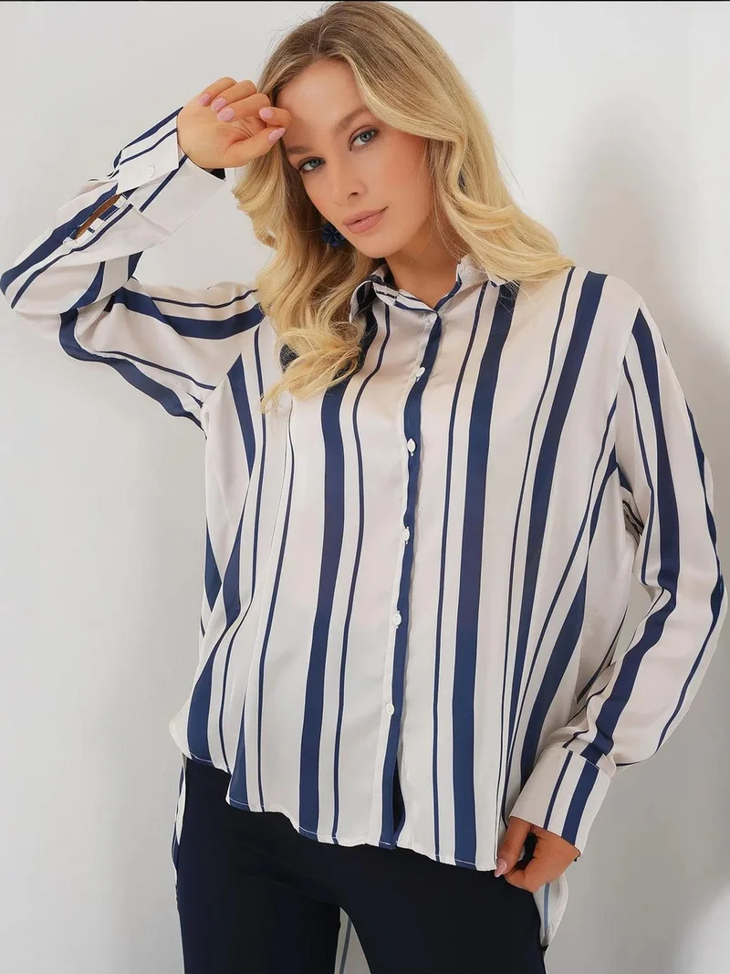 BIG DART BDART Striped Satin Long-Sleeve Shirt with Button Closure
