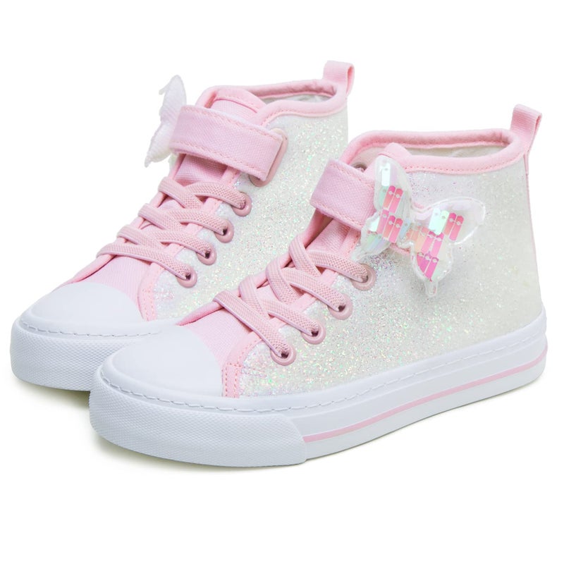 Toandon Girls Kids Sneakers Glitter Canvas Shoes Sparkle High Top Toddler Child Adjustable Hook Loop Straps Velcro Non Slip Lightweight Walking Outdoor Sequins Pink White Size 1