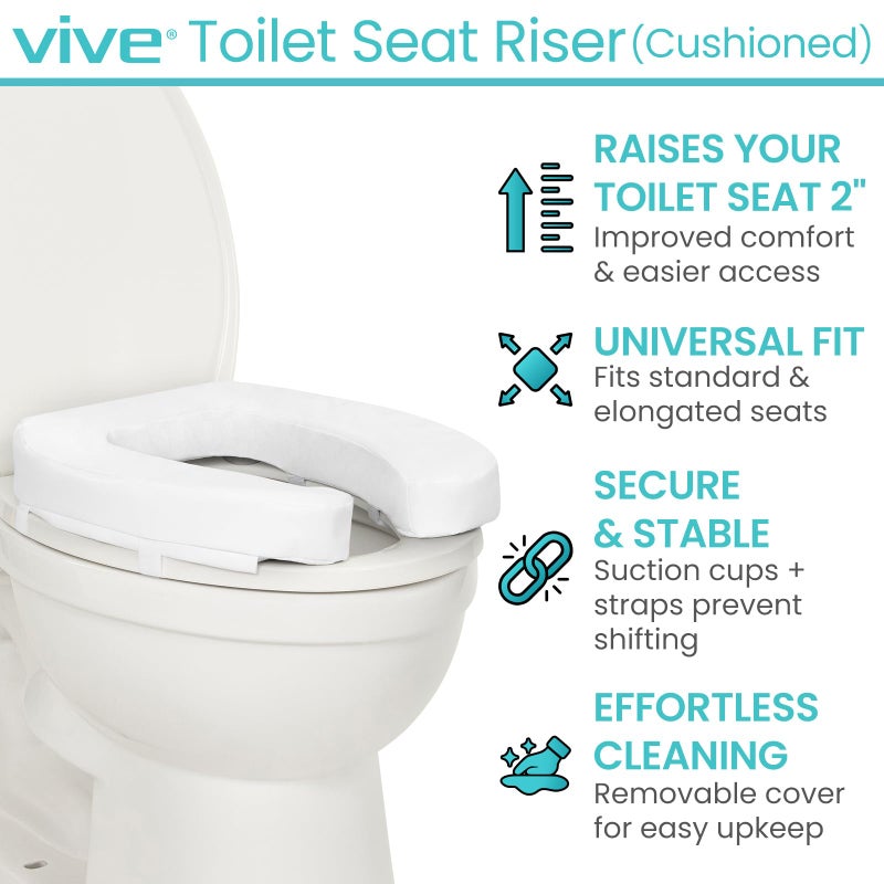 Vive Toilet Seat Riser Cushion for Seniors - Universal Fit - Raised Toilet Seat with High-Density Foam for Elongated & Standard - Firm Handle, Cushioned & Padded - Elevated Medical Handicap Lifter - Image 3
