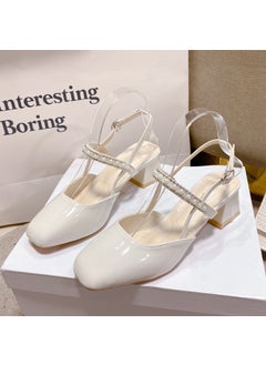 Fashionable Vintage Elegant Pearl Thick Heeled Sandals Womens 2023 Summer New Style One-Row Strap High Heeled Shoes Round Toe Beige White