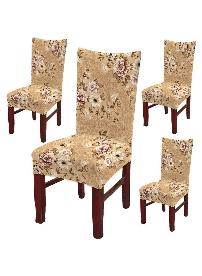 BRIDA® Polyester Spandex Stretchable Floral Geometric Printed Dining Chair Covers Elastic Chair Seat Case Protector, Slipcovers (4 Chair Cover, Beige) - Image 1