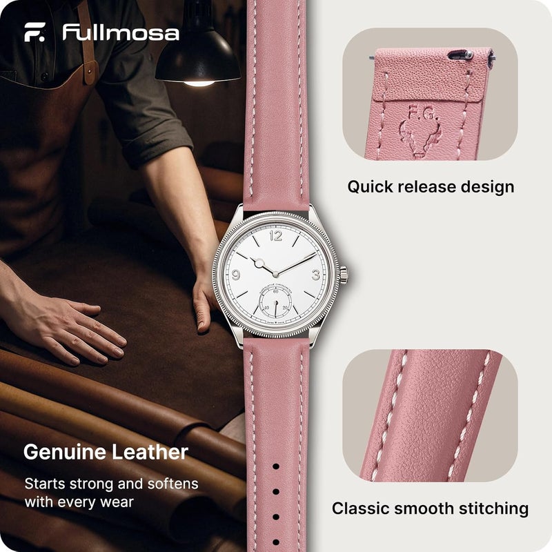 Fullmosa Watch Strap, Genuine Leather Watch Straps with Stainless Metal Clasp, Quick Release Replacement Bands, 14mm 16mm 18mm 19mm 20mm 22mm 24mm, Pink - Image 4