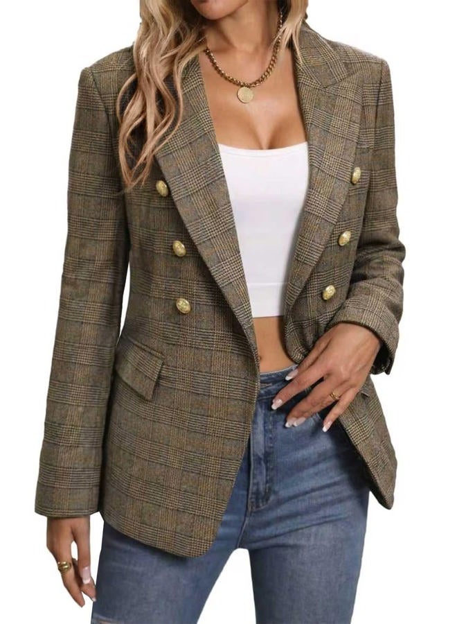 Mina Self 2025 Winter Women's Tweed Plaid Blazer Jacket - Warm Fully Lined Fashion Business Casual Elegant Coat with Pockets, Plaid/Khaki, S - Image 1