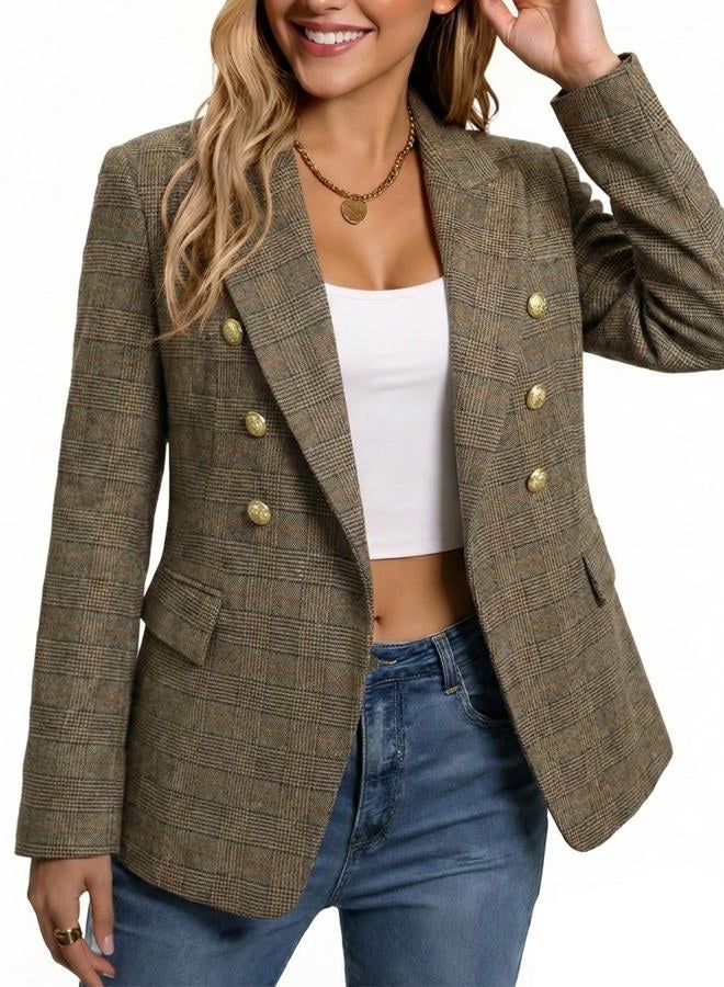 Mina Self 2025 Winter Women's Tweed Plaid Blazer Jacket - Warm Fully Lined Fashion Business Casual Elegant Coat with Pockets, Plaid/Khaki, S - Image 5