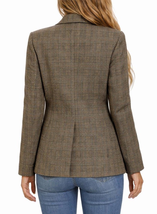 Mina Self 2025 Winter Women's Tweed Plaid Blazer Jacket - Warm Fully Lined Fashion Business Casual Elegant Coat with Pockets, Plaid/Khaki, S - Image 2
