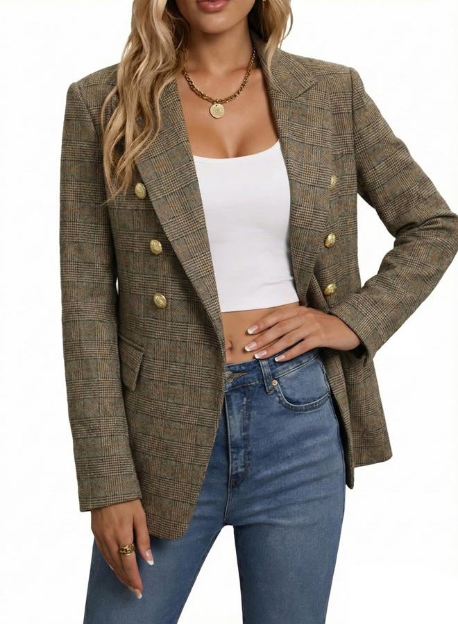 Mina Self 2025 Winter Women's Tweed Plaid Blazer Jacket - Warm Fully Lined Fashion Business Casual Elegant Coat with Pockets, Plaid/Khaki, S - Image 4