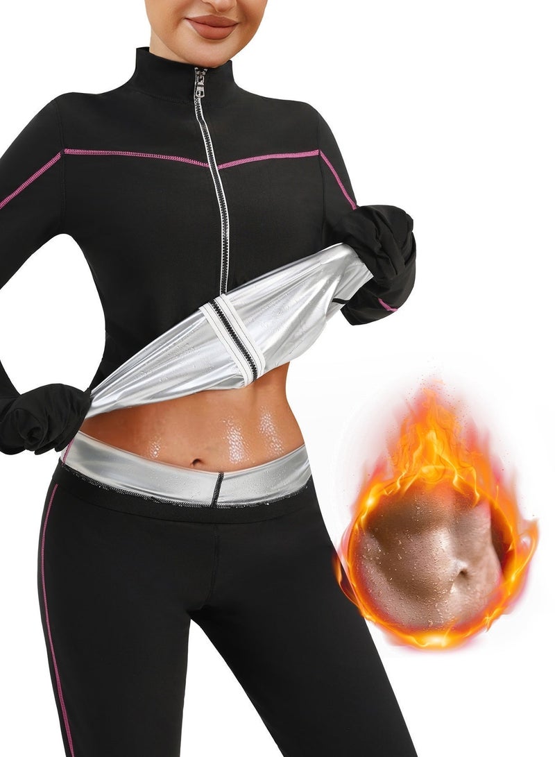 فوريول بدلة ساونا نسائية سريعة الجفاف ومصممة لتشكيل الجسم، مصنوعة من قماش عالي الجودة، بدلة رياضية ضاغطة ماصة للعرق، طقم ملابس رياضية للساونا للنساء مزود بسحاب (بلوزة، بنطال، قفازات، وأغطية أحذية) - Image 4