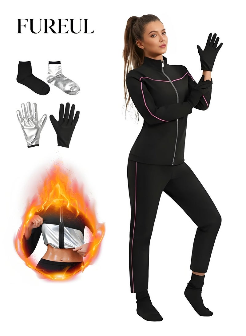 فوريول بدلة ساونا نسائية سريعة الجفاف ومصممة لتشكيل الجسم، مصنوعة من قماش عالي الجودة، بدلة رياضية ضاغطة ماصة للعرق، طقم ملابس رياضية للساونا للنساء مزود بسحاب (بلوزة، بنطال، قفازات، وأغطية أحذية) - Image 1