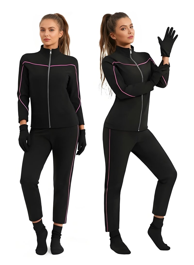 FUREUL Women's Sauna Suit Quick-drying and Shaping High-quality Fabric Sports and Fitness Compression Sweat-wicking Suit Zippered Women's Sauna Sportswear Set (Top, Pants, Gloves and Shoe Covers) - Image 2