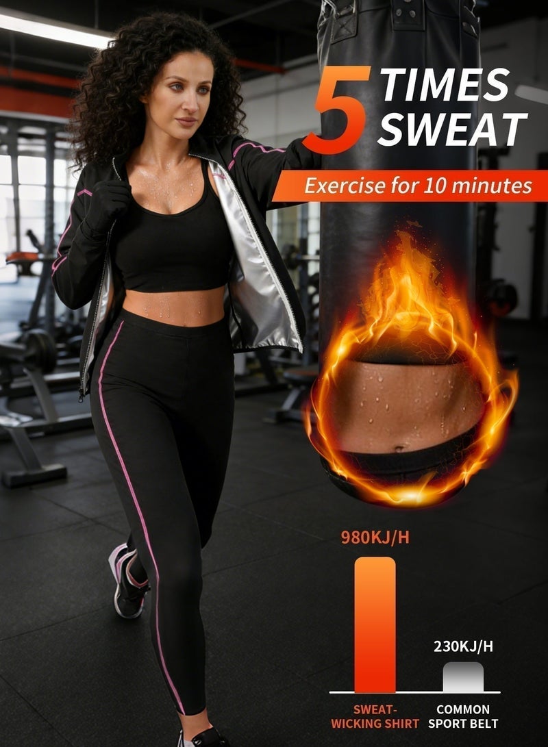 FUREUL Women's Sauna Suit Quick-drying and Shaping High-quality Fabric Sports and Fitness Compression Sweat-wicking Suit Zippered Women's Sauna Sportswear Set (Top, Pants, Gloves and Shoe Covers) - Image 4