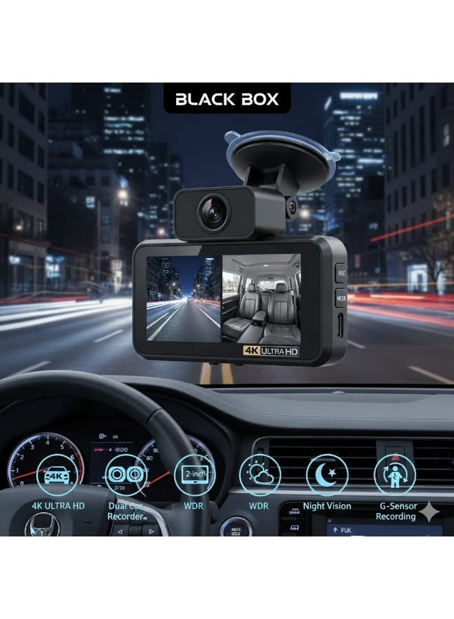 Black Box Dash Camera for Car –4K ULTRA HD Mini Dual Car Recorder with Front and Inside Cameras, 2-Inch Screen, WDR, Night Vision, G-Sensor, and Loop Recording - Image 3