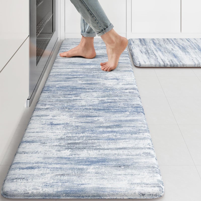 KIMODE Anti Fatigue Kitchen Mats 17"x47"+17"x29", Abstract Kitchen Rugs Sets of 2, Non Slip Kitchen Mats for Floor, Cushioned Comfort Standing Mats for Sink, Laundry, Office, Desk Multi-Blue - Image 1