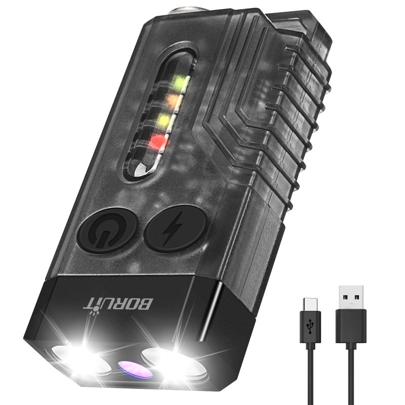 BORUIT V10 Small Powerful Keychain Flashlight with 365nm UV Red Green Blue Light,High Lumens USB C Rechargeable Mini Pocket LED EDC Flash Light-14 Modes,Tail Magnet,Beeping Sound,Black - Image 1